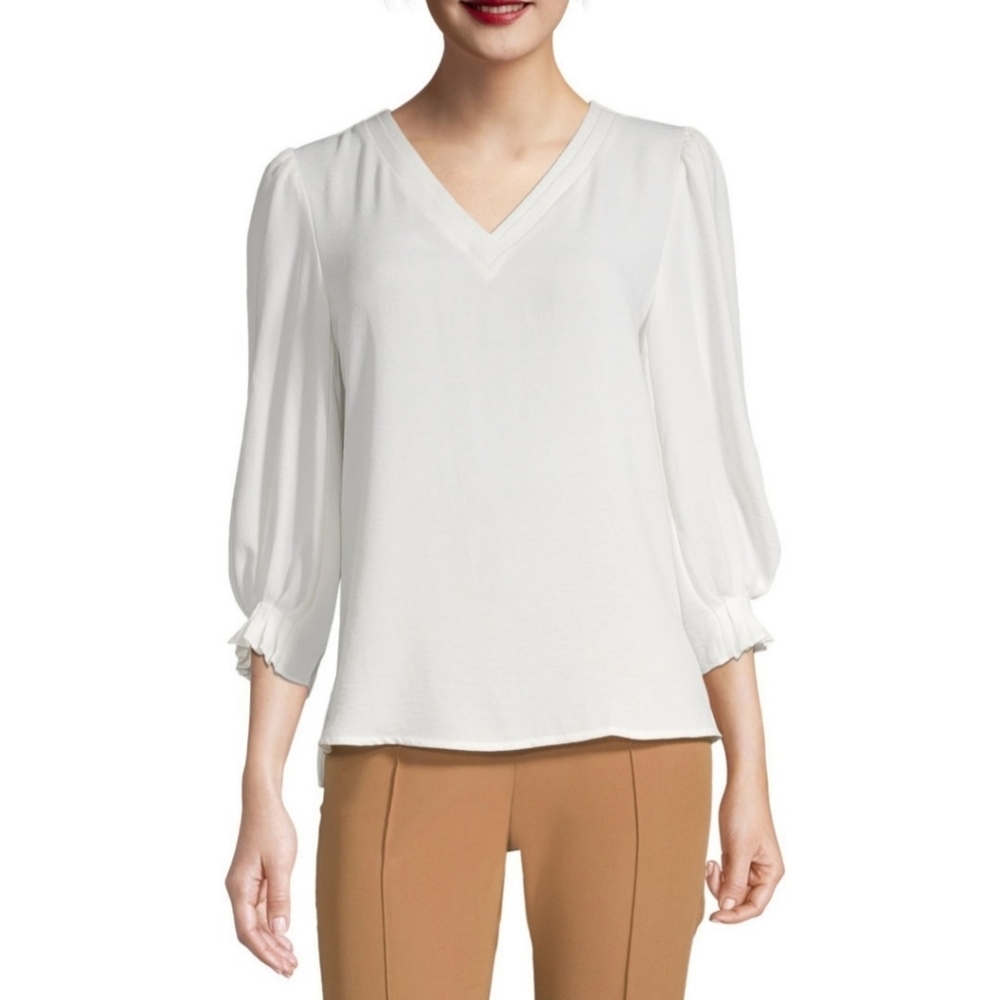 Worthington | 3/4 Sleeve Textured Pleat V-Neck Top